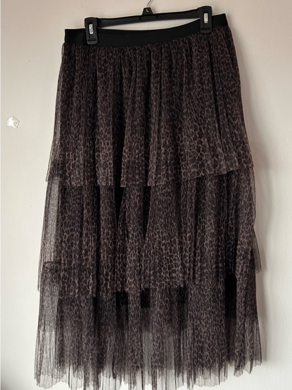 Tiered Leopard-Print Tulle Midi Skirt - Black/Brown